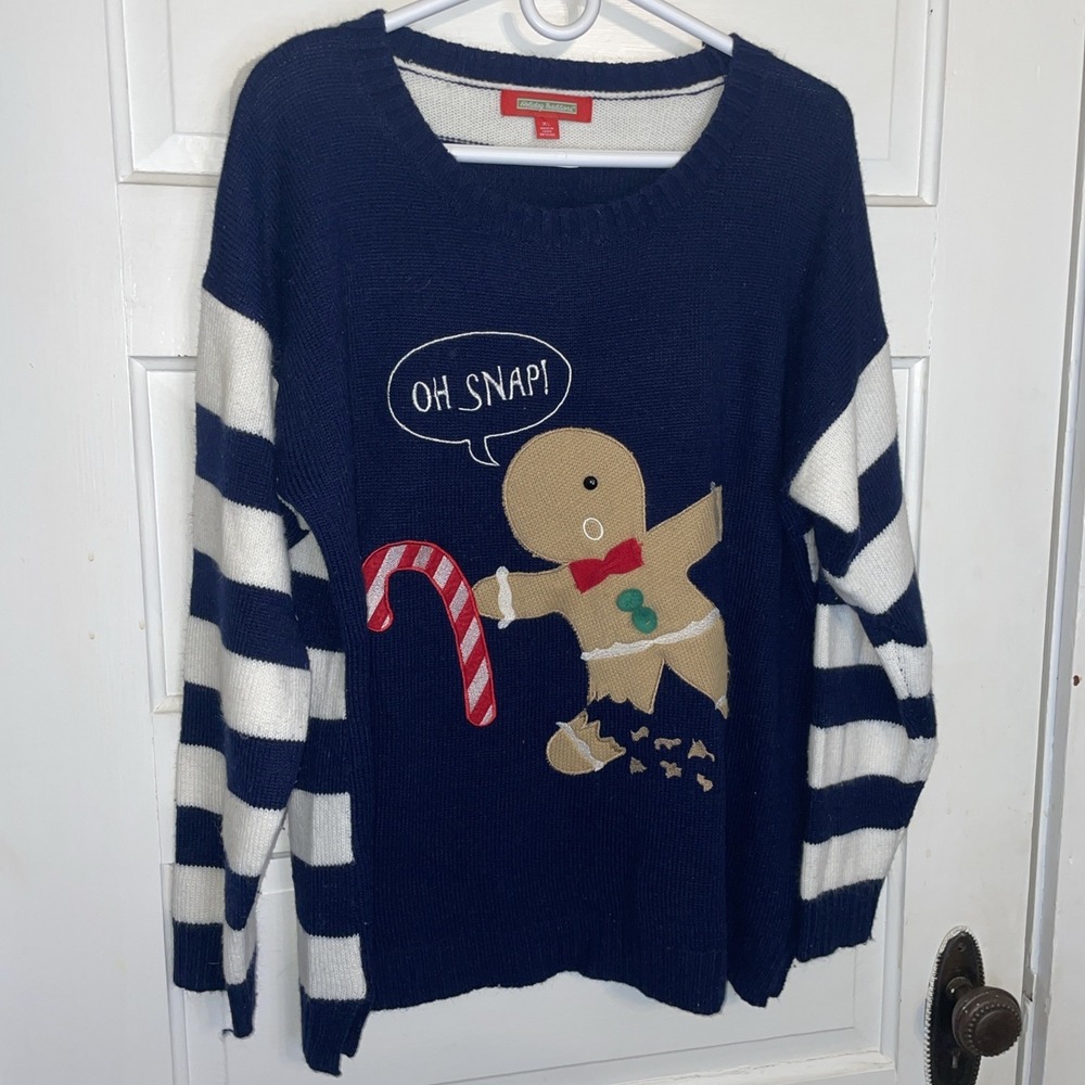 XL Holiday Winter‎ Sweater Gingerbread Man Navy White Stripes